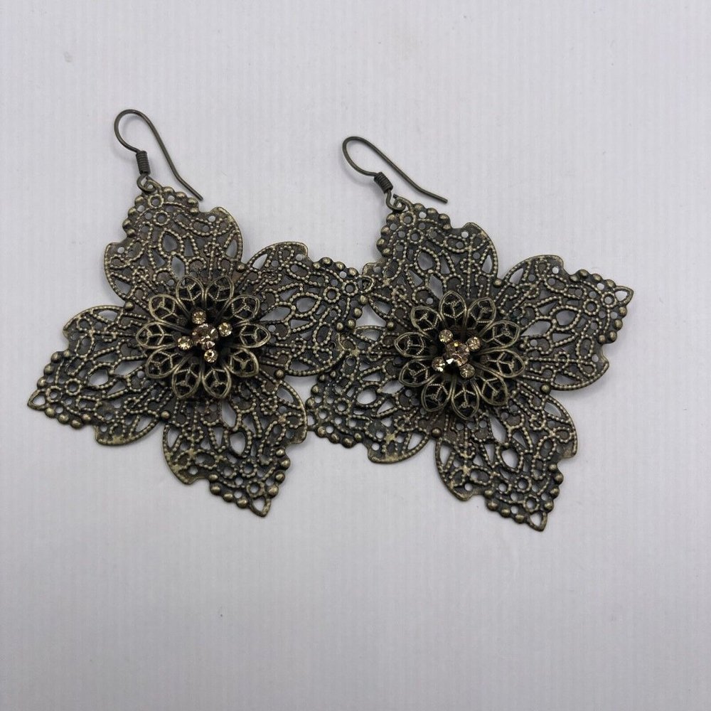 Vintage Gold Tone Cross Shaped Lacey Metal Earrings  3”
